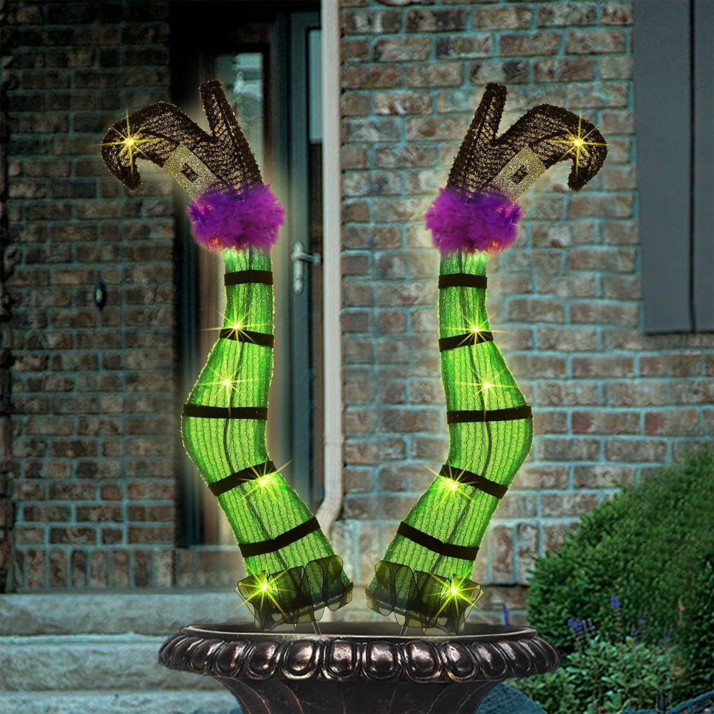 Juegoal Set of 2 Halloween Lighted Wicked Witch Legs with Stakes, Light Up Tinsel Witch Prop, Halloween Yard Signs with Timer  Waterproof Battery Operated for Outdoor Party Haunted House Garden Decor