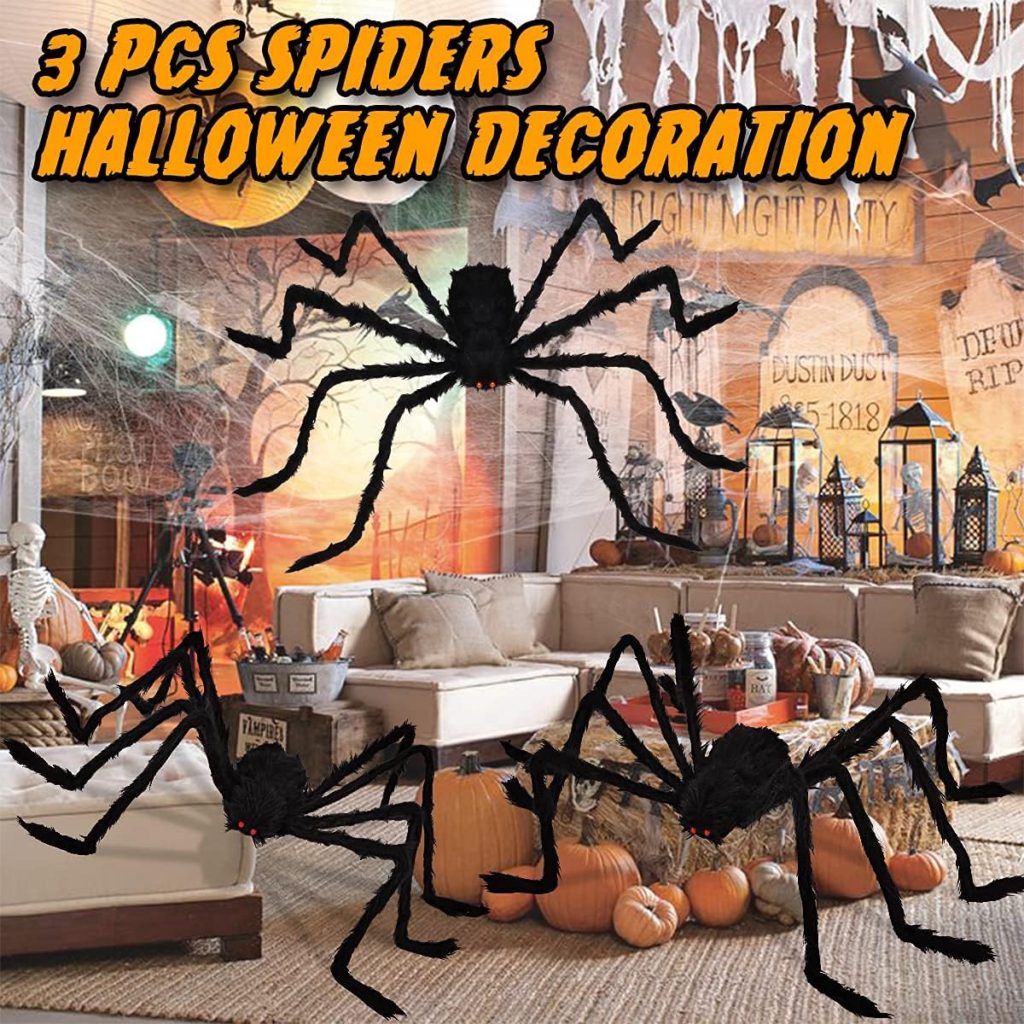 LOVKIZ Halloween Giant Spider Decorations (3 Pack), Realistic Halloween Spider Props, Fake Scary Hairy Spiders Sets for Halloween Decorations Indoor, Outdoor and Yard Creepy Decor (59, 49”, 35”)