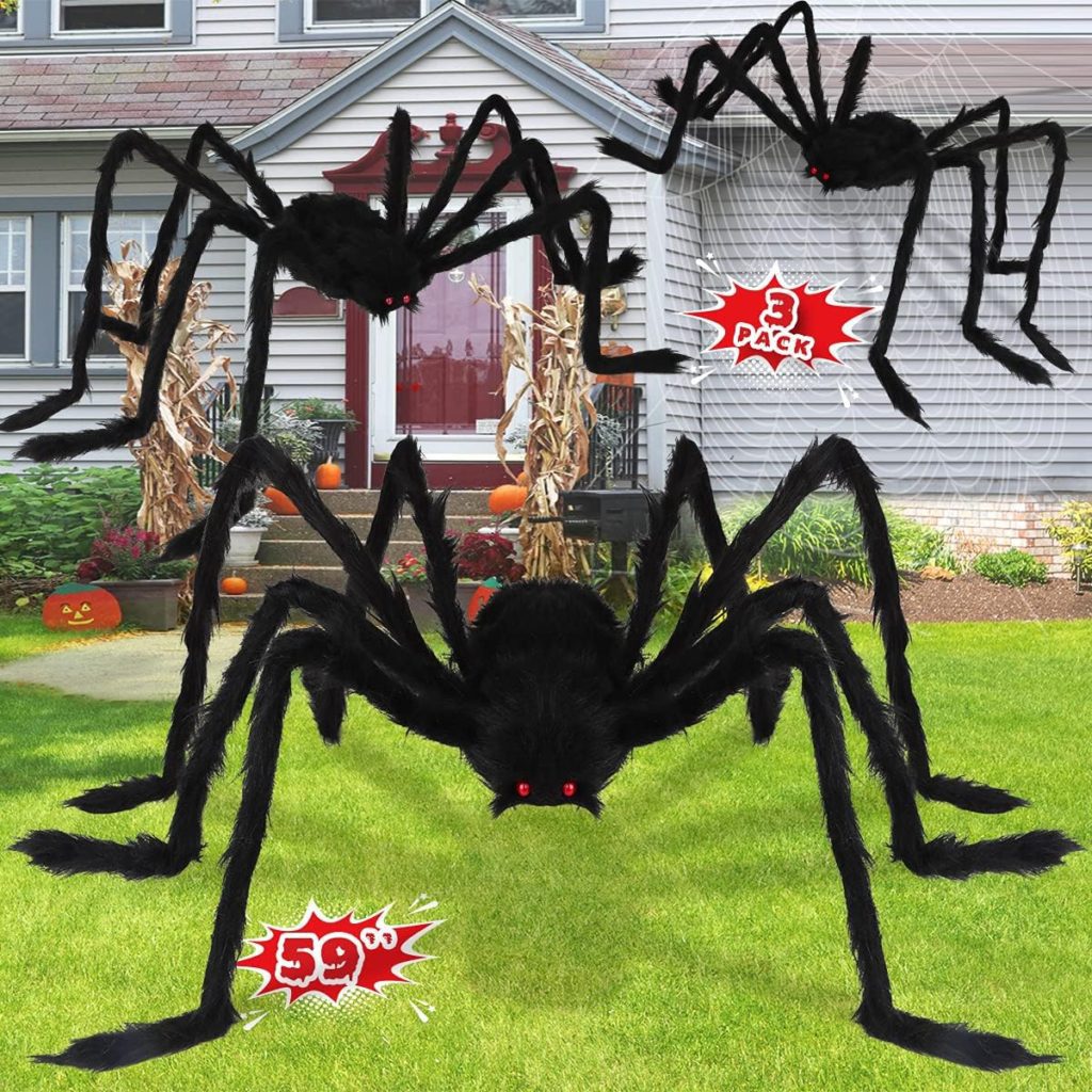 LOVKIZ Halloween Giant Spider Decorations (3 Pack), Realistic Halloween Spider Props, Fake Scary Hairy Spiders Sets for Halloween Decorations Indoor, Outdoor and Yard Creepy Decor (59, 49”, 35”)