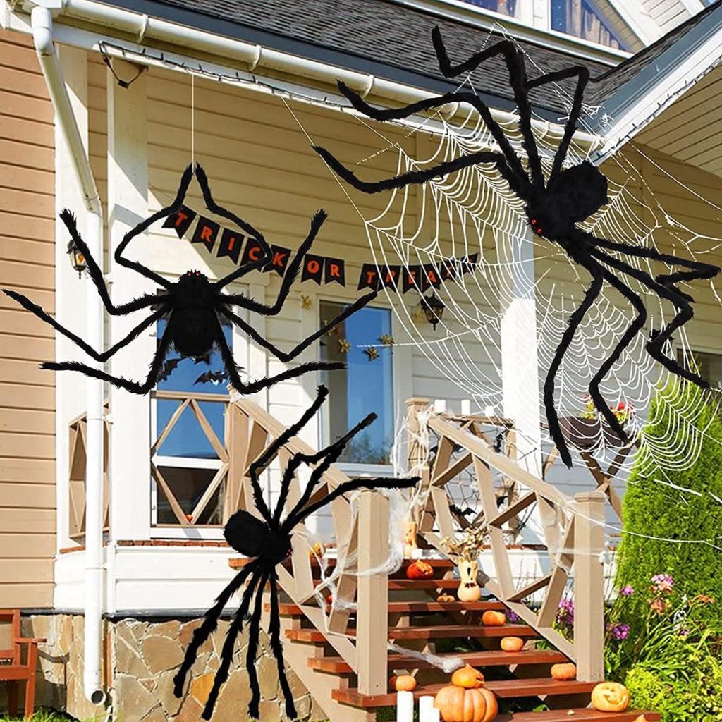 LOVKIZ Halloween Giant Spider Decorations (3 Pack), Realistic Halloween Spider Props, Fake Scary Hairy Spiders Sets for Halloween Decorations Indoor, Outdoor and Yard Creepy Decor (59, 49”, 35”)