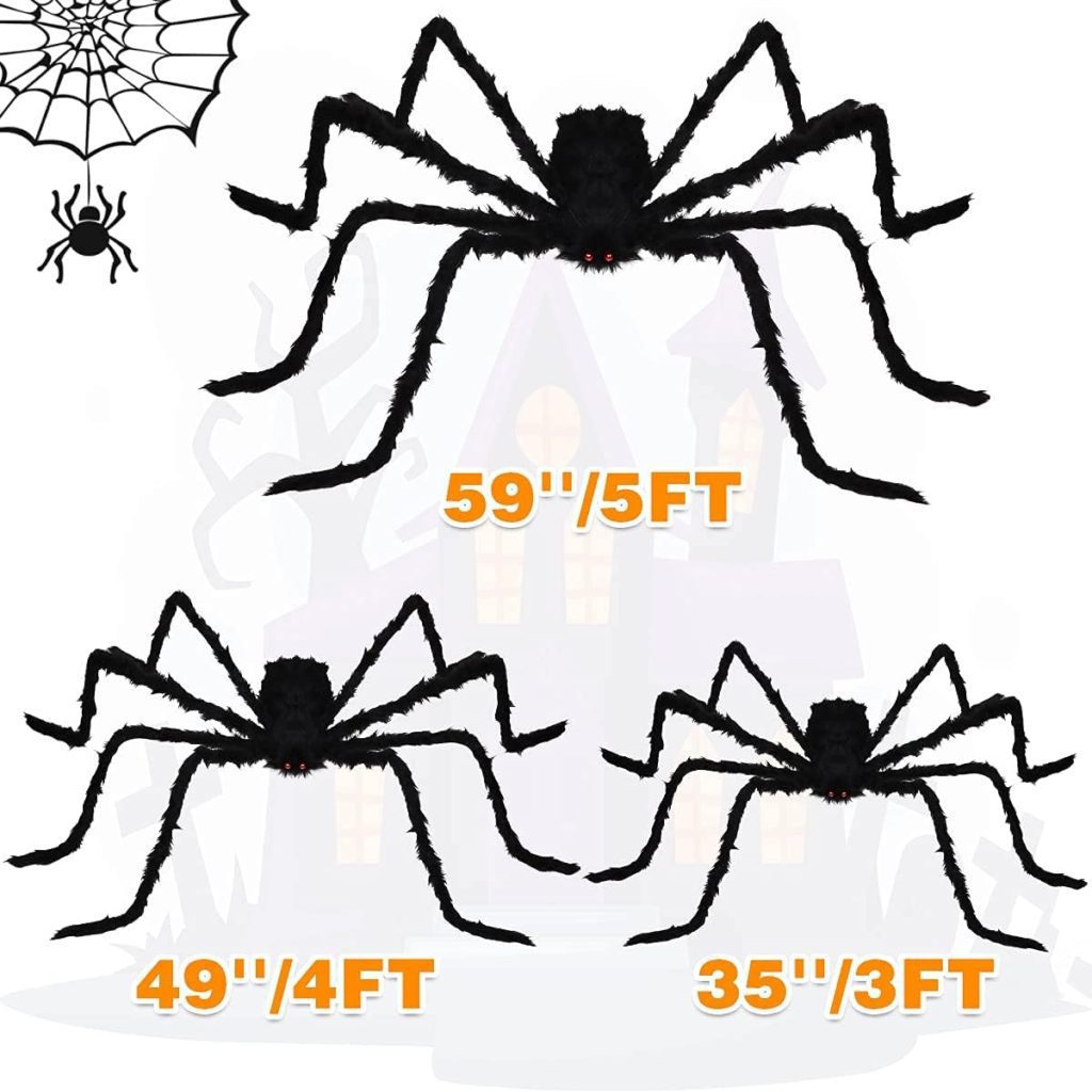 LOVKIZ Halloween Giant Spider Decorations (3 Pack), Realistic Halloween Spider Props, Fake Scary Hairy Spiders Sets for Halloween Decorations Indoor, Outdoor and Yard Creepy Decor (59, 49”, 35”)