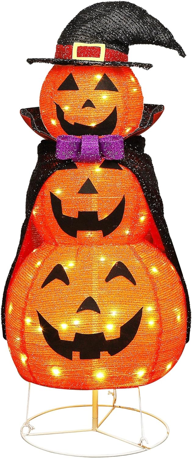 Lulu Home 3.5FT Light Up Halloween Decoration, 60 LED Collapsible Stacked Pumpkins with Vampire Cloak, Plug-in Pre-lit Jack-O-Lantern Front Door Porch Indoor Outdoor Decoration