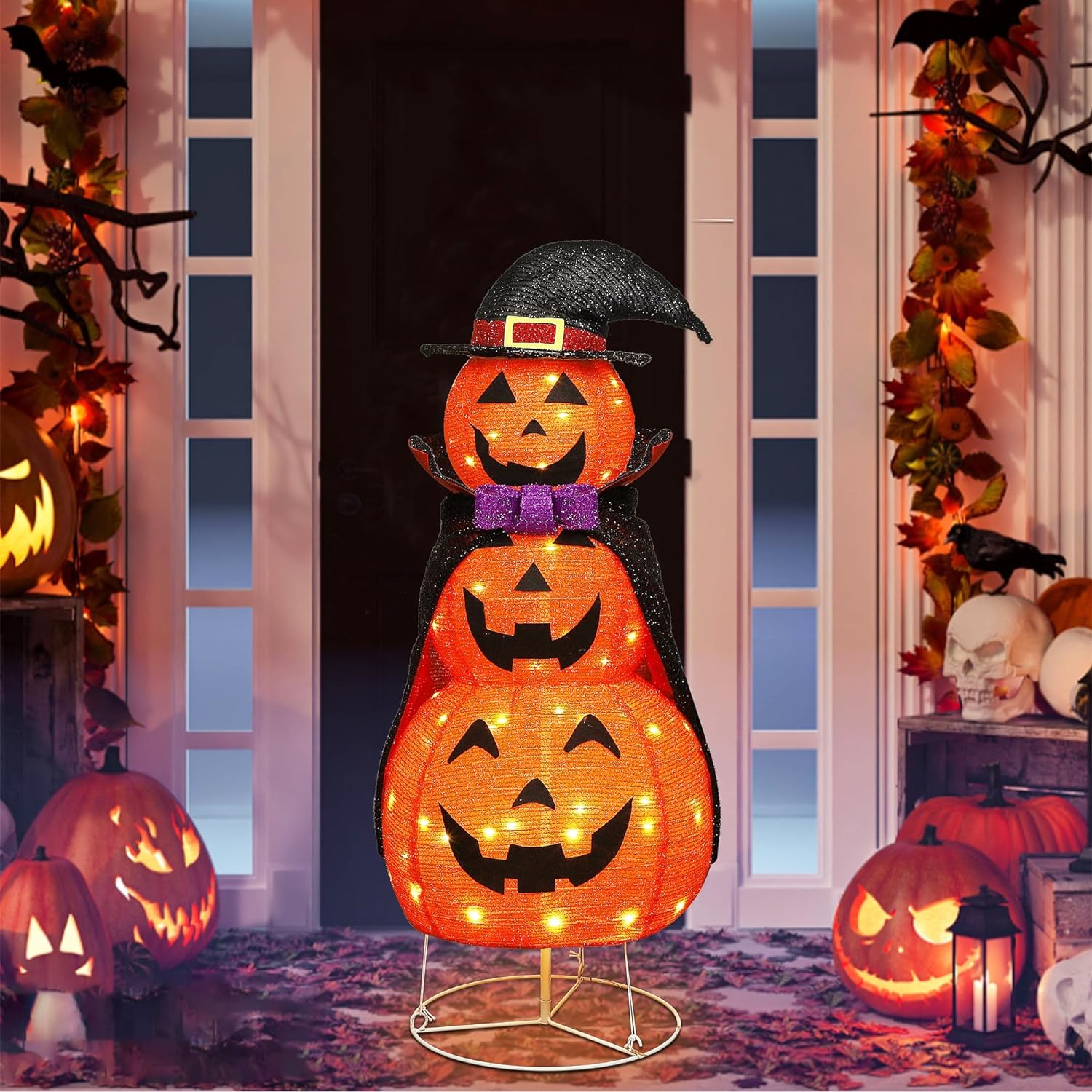 Lulu Home 3.5FT Light Up Halloween Decoration, 60 LED Collapsible Stacked Pumpkins with Vampire Cloak, Plug-in Pre-lit Jack-O-Lantern Front Door Porch Indoor Outdoor Decoration