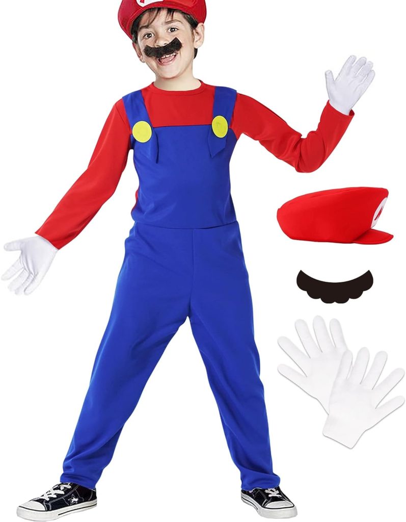 Oskiner Plumber Costume for Kids-Halloween Kids Cosplay Jumpsuit with Accessory