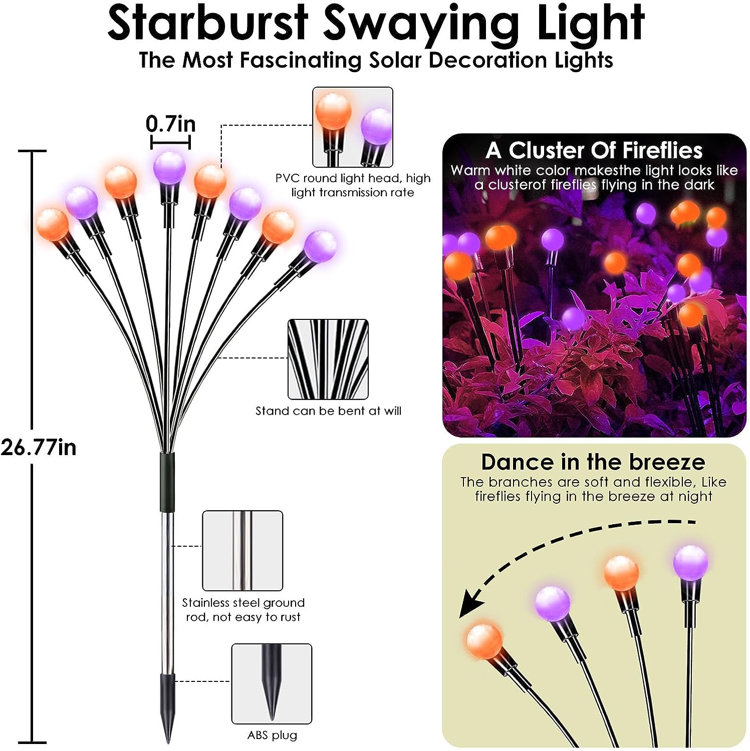 𝟖𝐏𝐚𝐜𝐤 𝐓𝐨𝐭𝐚𝐥 𝟔𝟒𝐋𝐄𝐃 Purple and Orange Solar Halloween Lights - Solar Firefly Lights Outdoor, Solar Gardeen Light, Solar Lights Waterproof for Garden Halloween Decoration (OrangePurple)