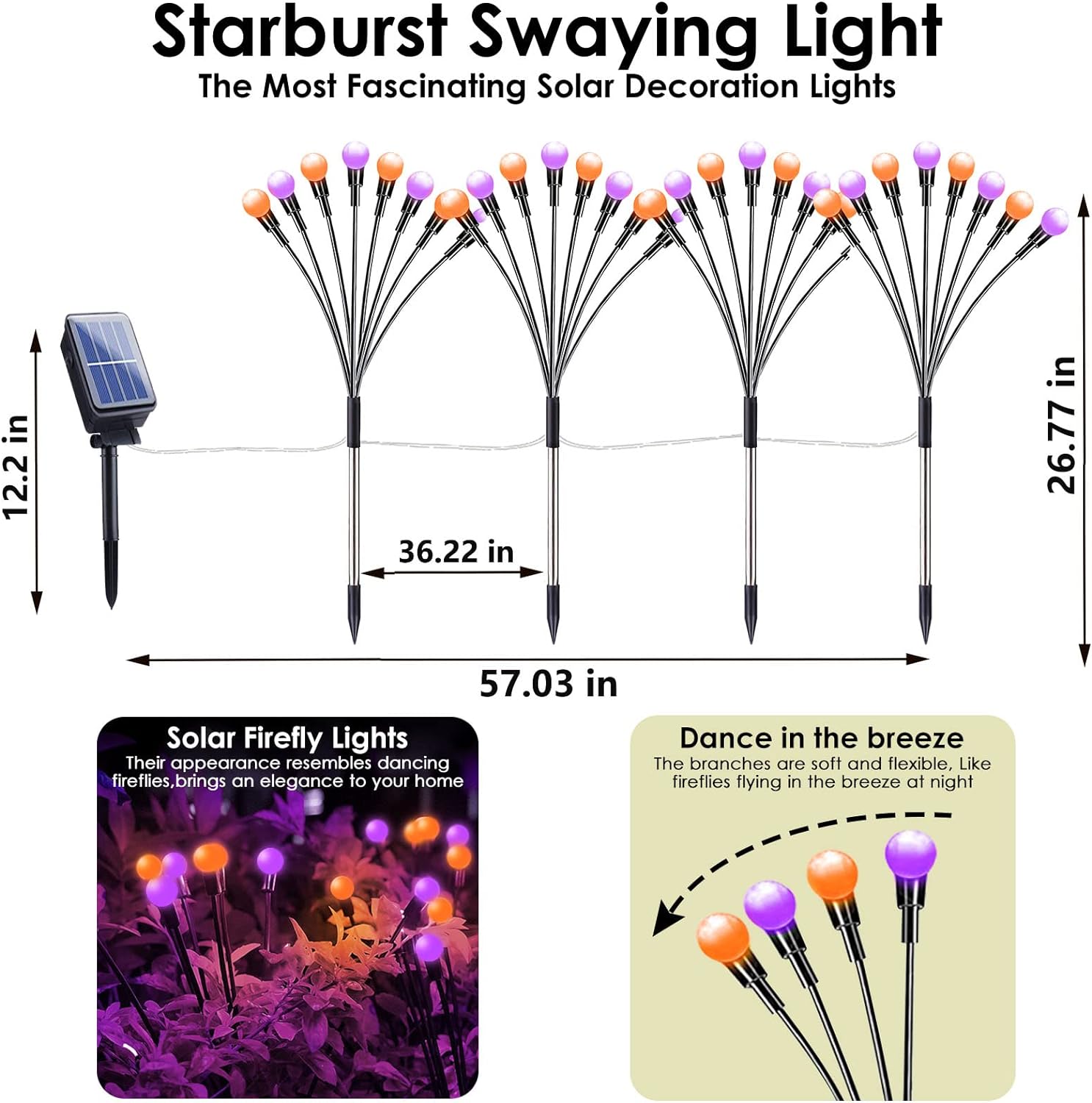 𝟖𝐏𝐚𝐜𝐤 𝐓𝐨𝐭𝐚𝐥 𝟔𝟒𝐋𝐄𝐃 Purple and Orange Solar Halloween Lights - Solar Firefly Lights Outdoor, Solar Gardeen Light, Solar Lights Waterproof for Garden Halloween Decoration (OrangePurple)