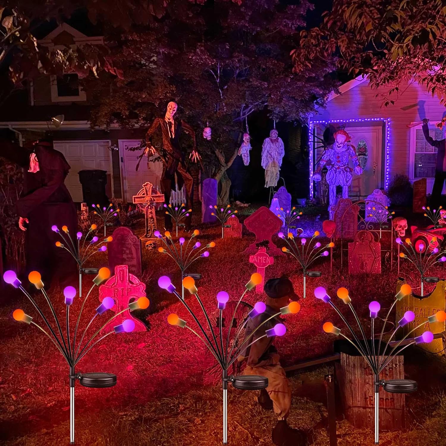 𝟖𝐏𝐚𝐜𝐤 𝐓𝐨𝐭𝐚𝐥 𝟔𝟒𝐋𝐄𝐃 Purple and Orange Solar Halloween Lights - Solar Firefly Lights Outdoor, Solar Gardeen Light, Solar Lights Waterproof for Garden Halloween Decoration (OrangePurple)