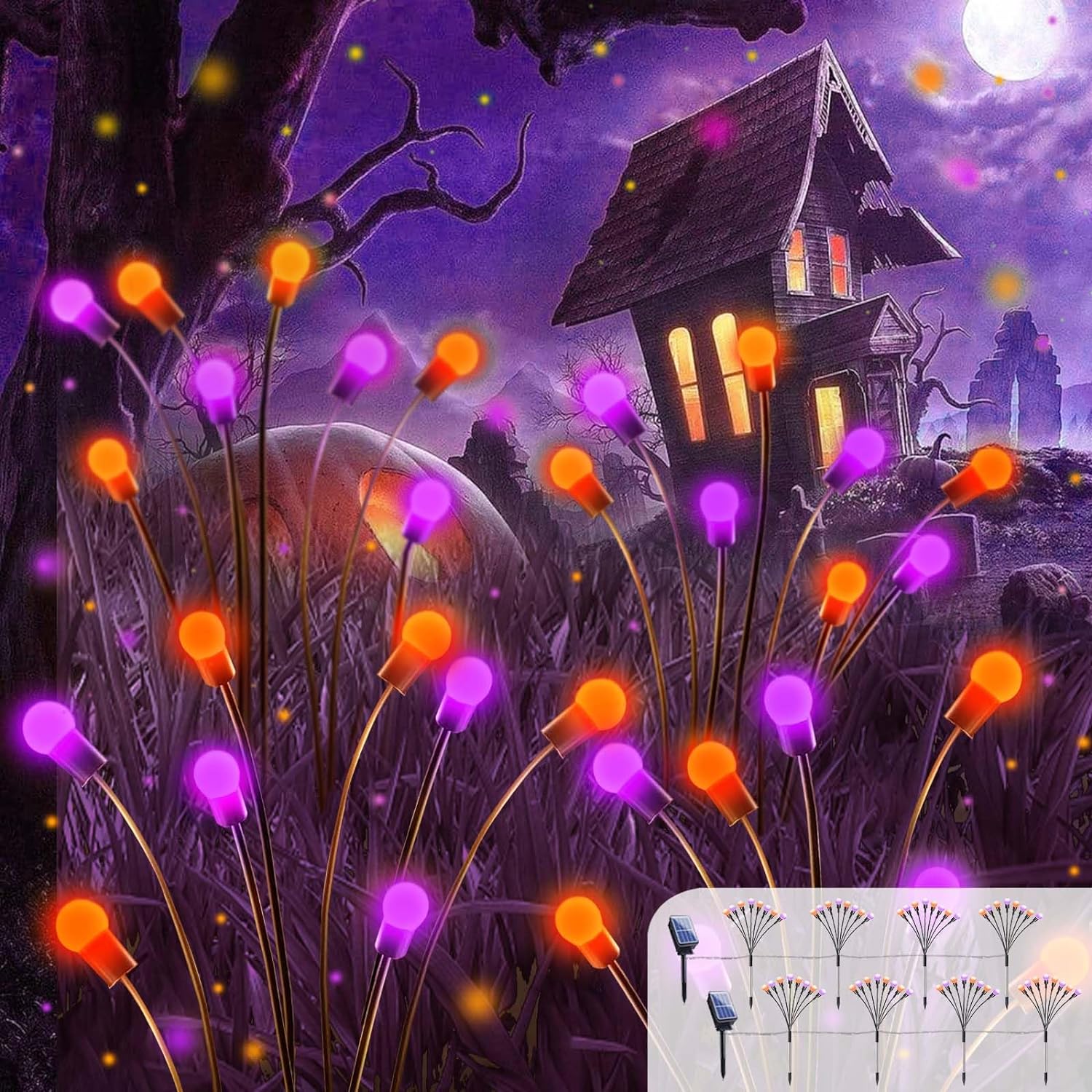 𝟖𝐏𝐚𝐜𝐤 𝐓𝐨𝐭𝐚𝐥 𝟔𝟒𝐋𝐄𝐃 Purple and Orange Solar Halloween Lights - Solar Firefly Lights Outdoor, Solar Gardeen Light, Solar Lights Waterproof for Garden Halloween Decoration (OrangePurple)