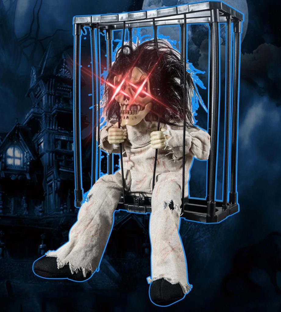 Skeleton Animated Halloween Decorations, Screaming Halloween Decor with Motion Activated  Light Sensor, Spooky Prisoner Cage with Spider Web Haunted House Decorations by CRILEAL, Ghost with Long-hair