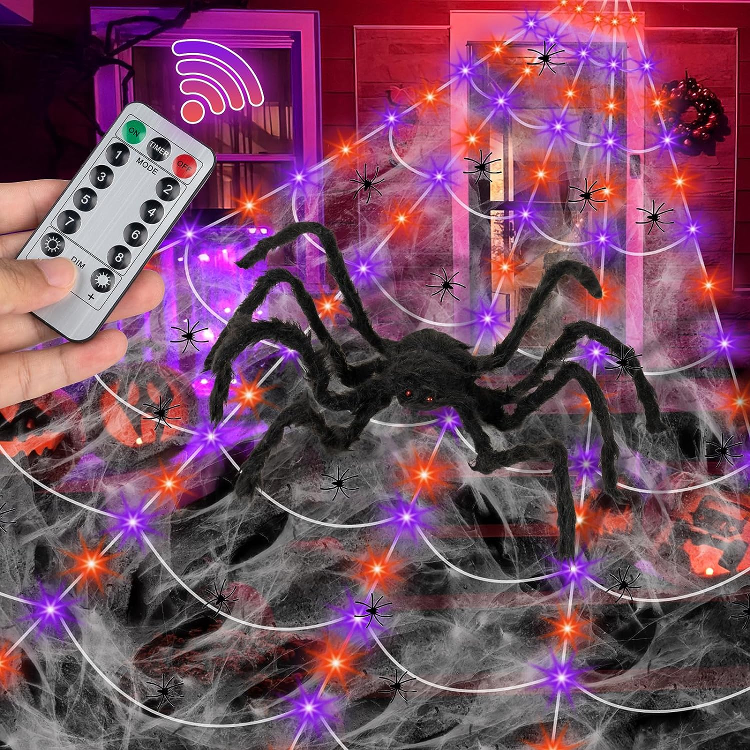 Spider Webs Halloween Decorations Outdoor - 16.4ft Giant Light Up Spider Web with Purple Orange LED Lights, 36 Black Spider and Scratch Spiderweb for Light Up Scary Halloween Yard Garden Decorations