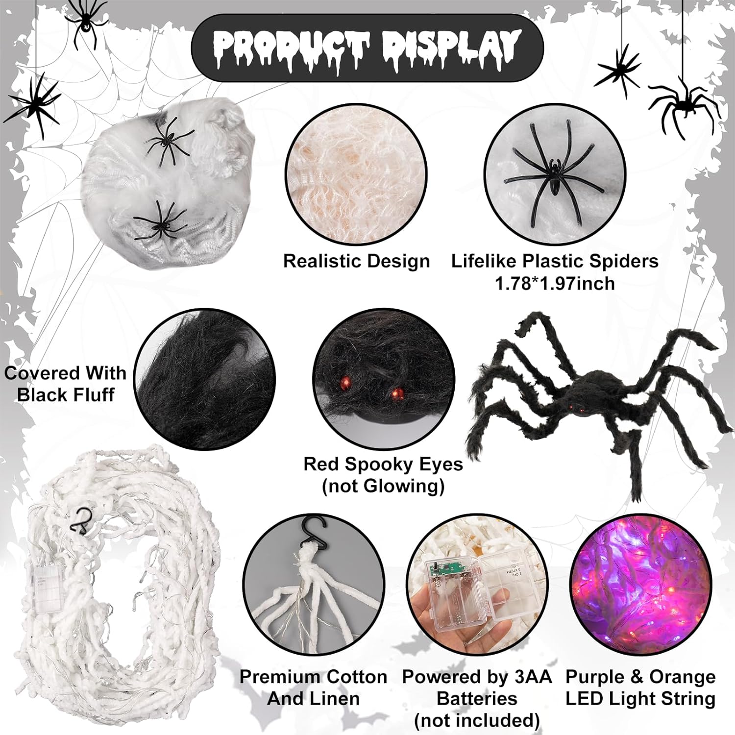 Spider Webs Halloween Decorations Outdoor - 16.4ft Giant Light Up Spider Web with Purple Orange LED Lights, 36 Black Spider and Scratch Spiderweb for Light Up Scary Halloween Yard Garden Decorations