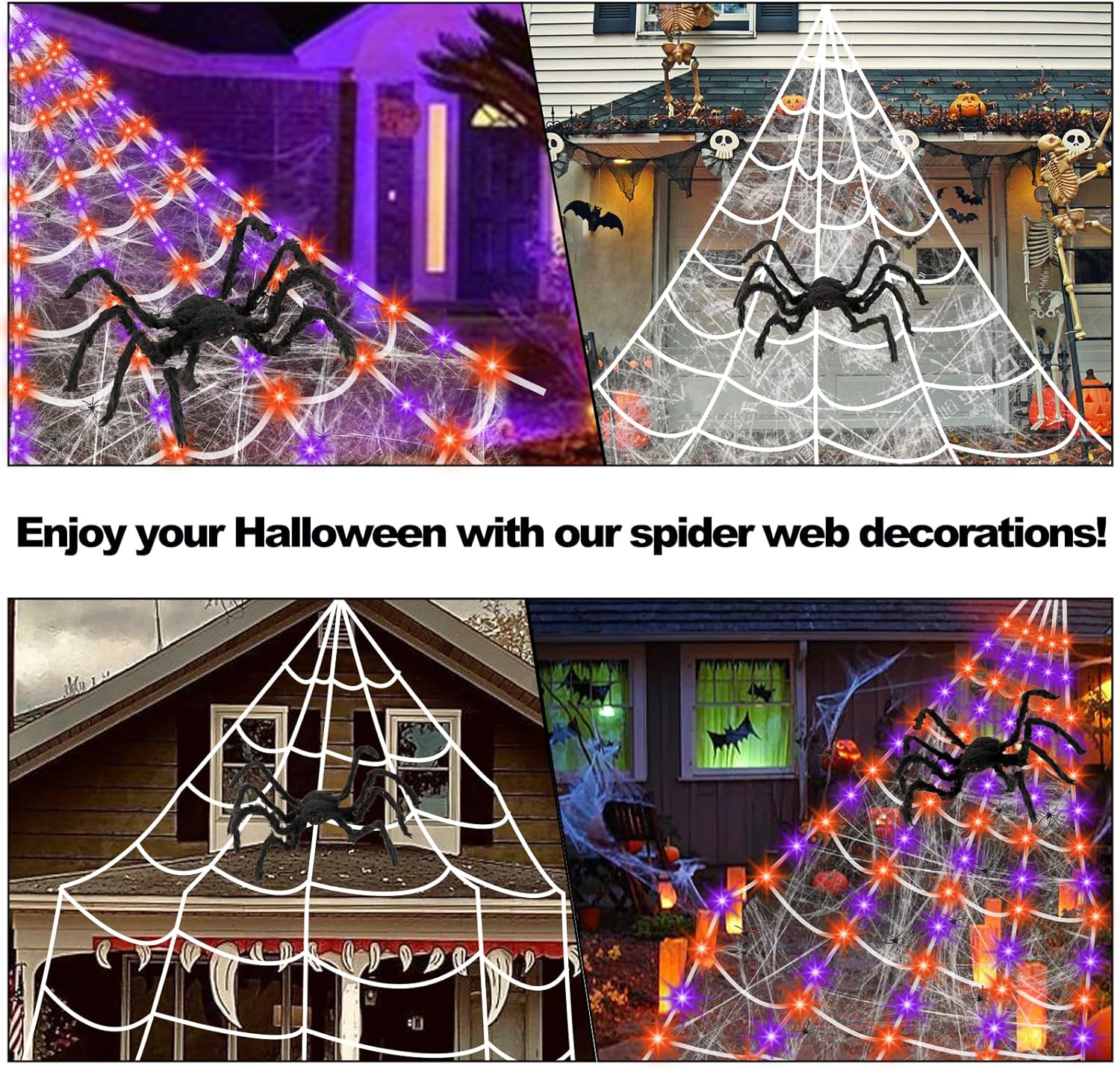 Spider Webs Halloween Decorations Outdoor - 16.4ft Giant Light Up Spider Web with Purple Orange LED Lights, 36 Black Spider and Scratch Spiderweb for Light Up Scary Halloween Yard Garden Decorations