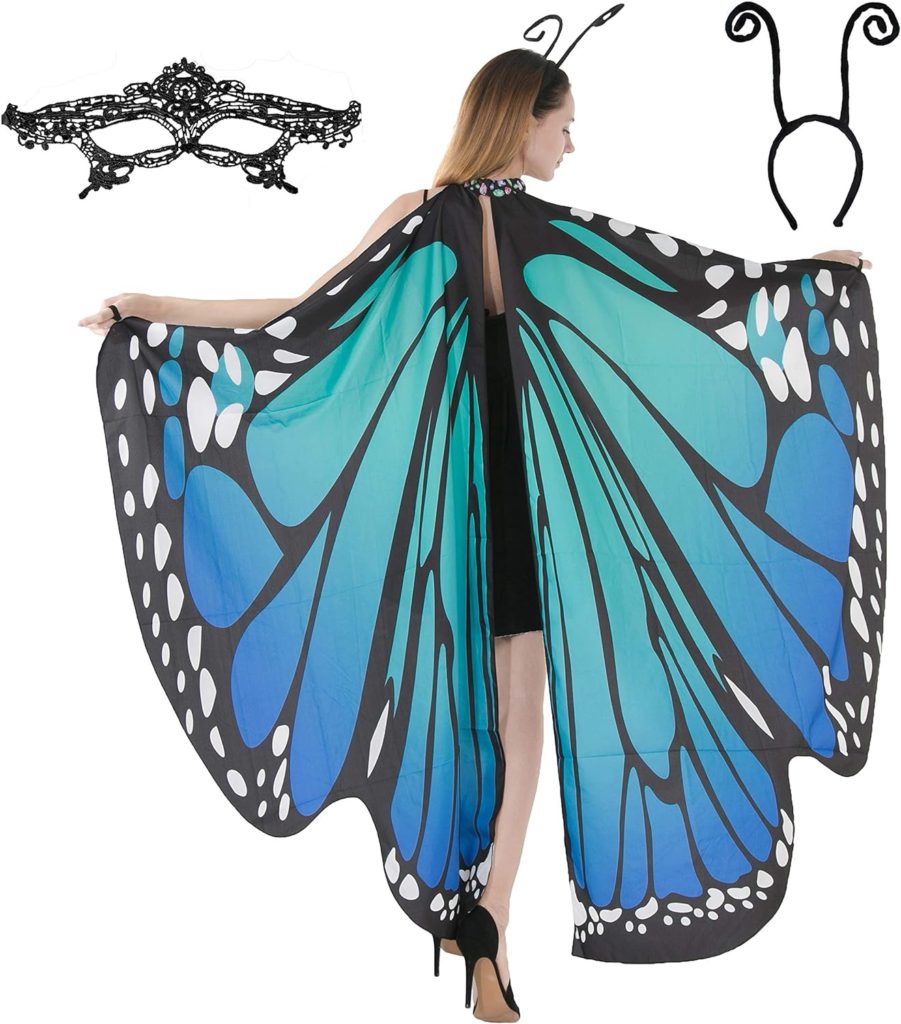 Spooktacular Creations Butterfly Wing Cape Shawl with Lace Mask and Black Velvet Antenna Headband