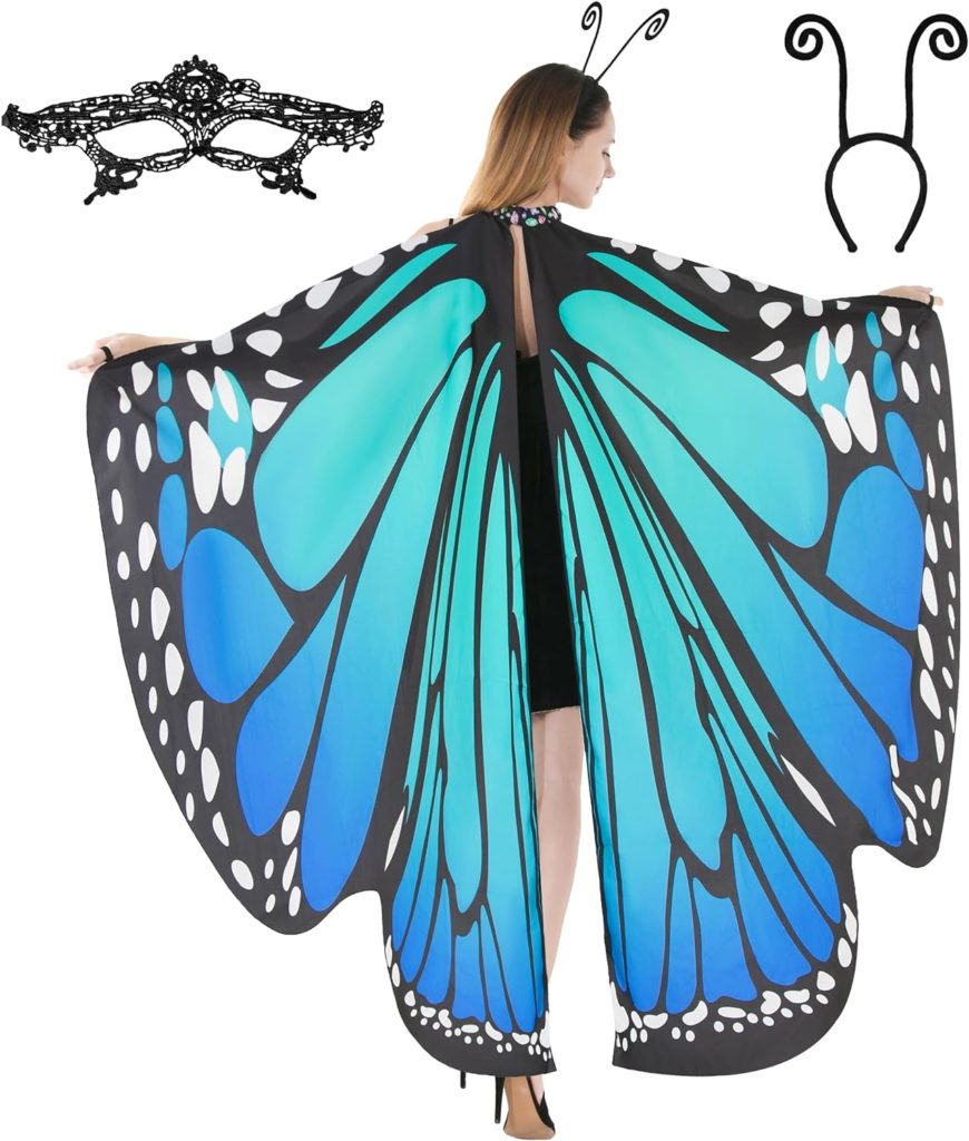 Spooktacular Creations Butterfly Wing Cape Shawl with Lace Mask and Black Velvet Antenna Headband