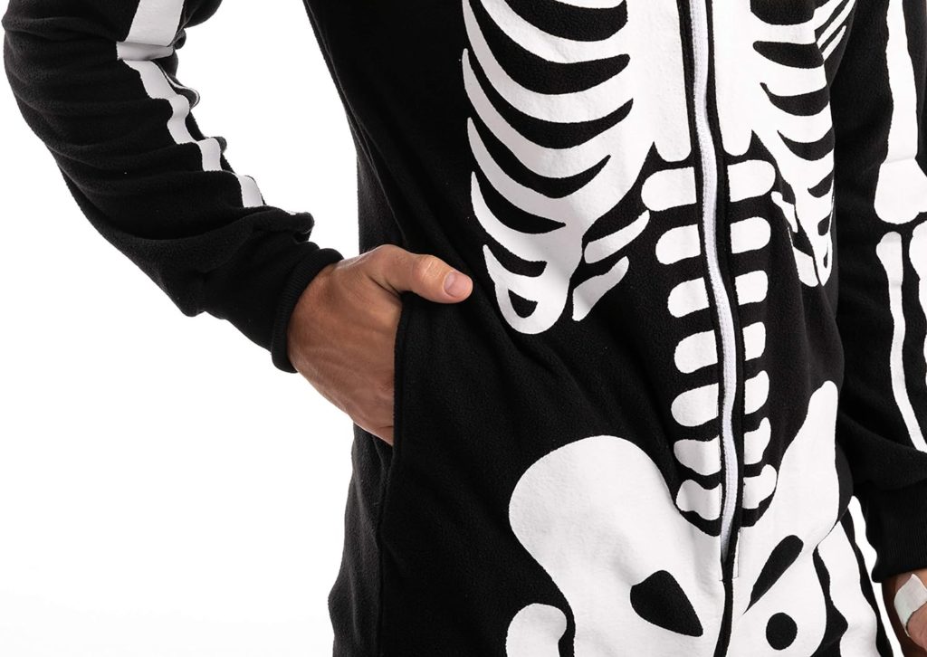 Spooktacular Creations Unisex Skeleton jumpsuit Pajama Plush Skeleton Jumpsuit Zippered Halloween Hoody Pajama for Adult Sleepwear Costume(Small) Black