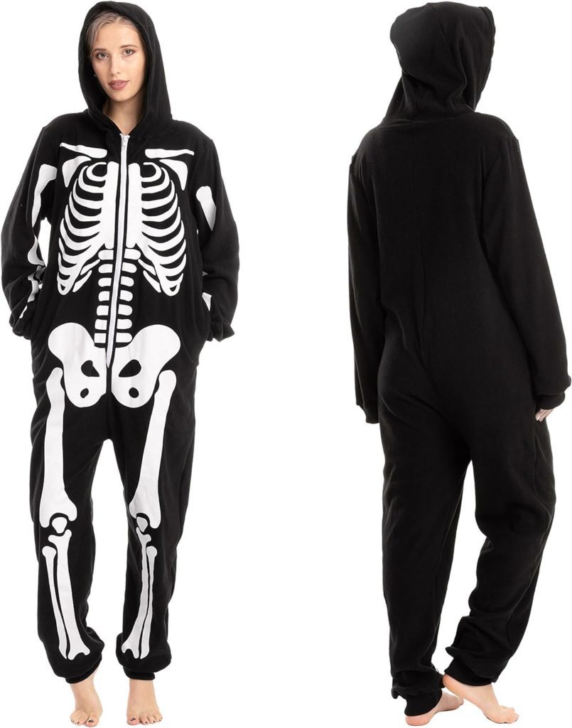 Spooktacular Creations Unisex Skeleton jumpsuit Pajama Plush Skeleton Jumpsuit Zippered Halloween Hoody Pajama for Adult Sleepwear Costume(Small) Black