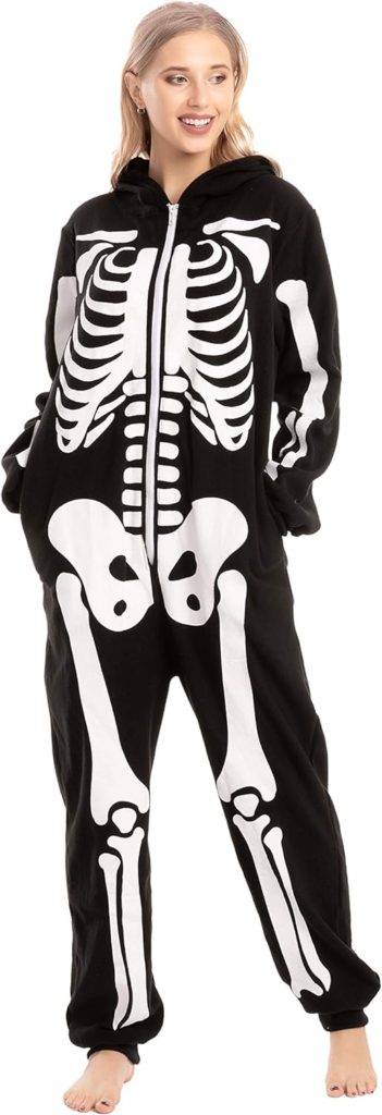 Spooktacular Creations Unisex Skeleton jumpsuit Pajama Plush Skeleton Jumpsuit Zippered Halloween Hoody Pajama for Adult Sleepwear Costume(Small) Black