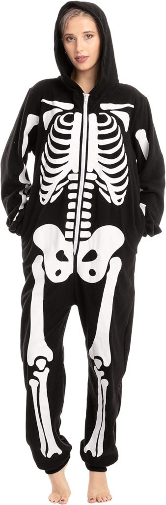 Spooktacular Creations Unisex Skeleton jumpsuit Pajama Plush Skeleton Jumpsuit Zippered Halloween Hoody Pajama for Adult Sleepwear Costume(Small) Black