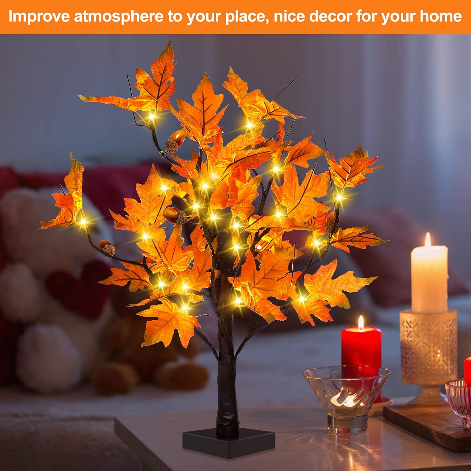 [2 Pack] 24-inch Fall Lighted Maple Tree with Acorns, 48 LED Lights, Battery Operated Thanksgiving Table Centerpieces Decoration Artificial Tree for Home Fireplace Autumn Harvest Tabletop Indoor Decor