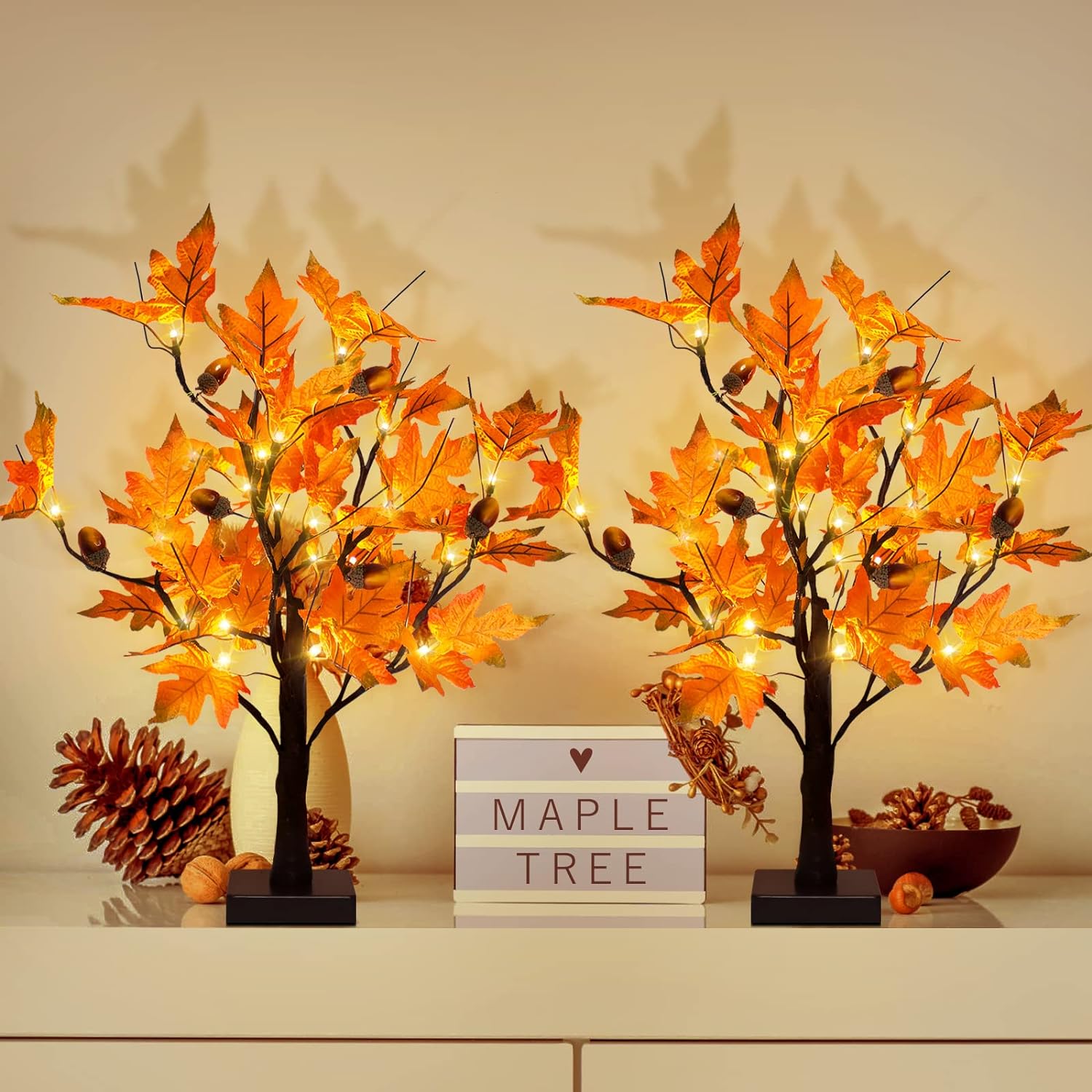 [2 Pack] 24-inch Fall Lighted Maple Tree with Acorns, 48 LED Lights, Battery Operated Thanksgiving Table Centerpieces Decoration Artificial Tree for Home Fireplace Autumn Harvest Tabletop Indoor Decor