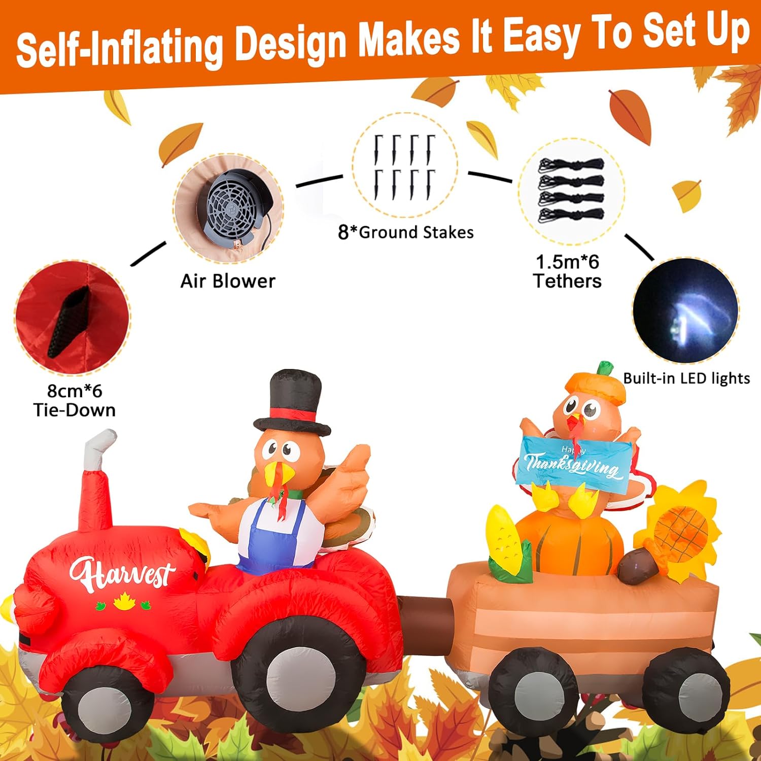 8 FT Thanksgiving Inflatables Decorations with 2 Happy Turkeys on Tractor, Built-in LED Lights  Blower Outdoor Thanksgiving Blow Up Inflatable for Fall Yard Lawn Garden Party Autumn Holidays Décor