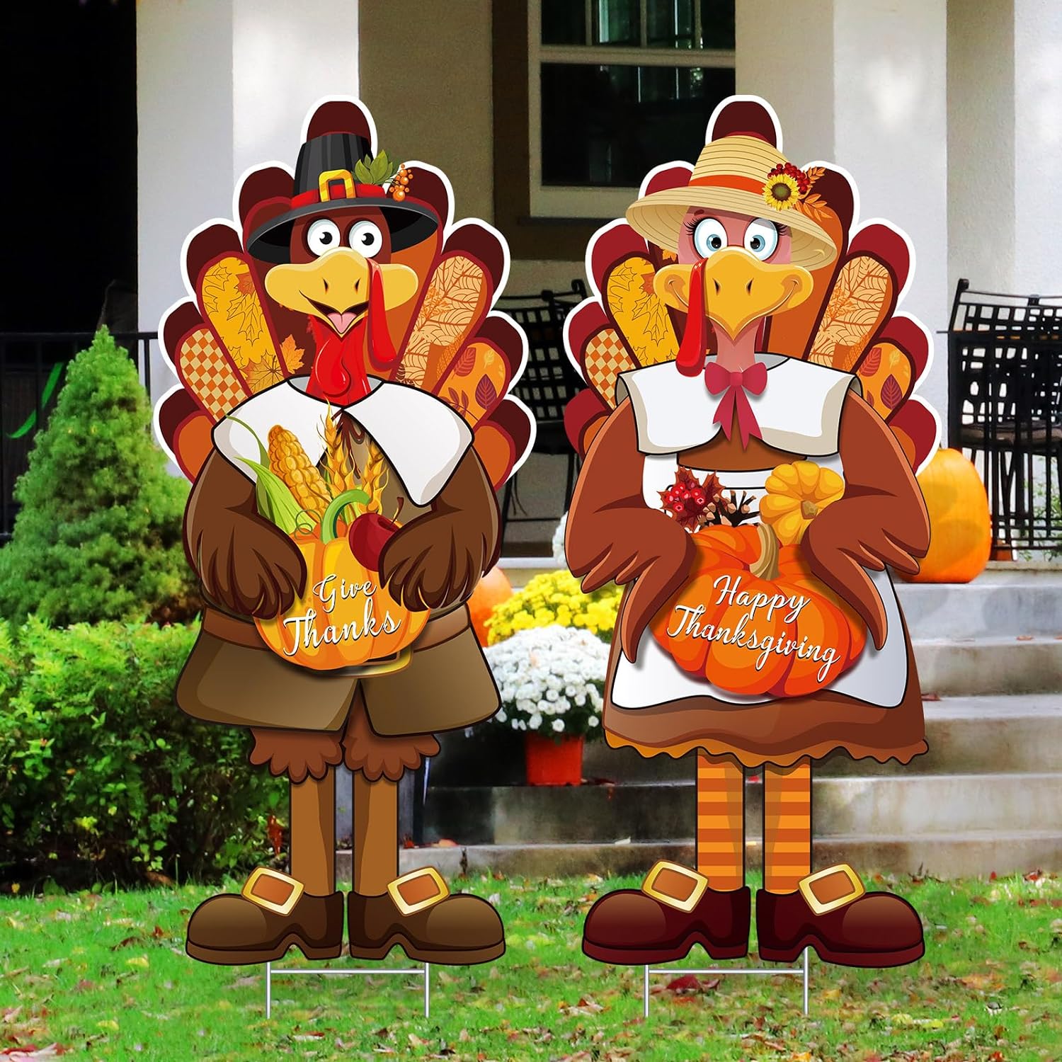 Capoda Large Thanksgiving Turkey Yard Sign, Turkey Pumpkin Yard Sign Stake Happy Thanksgiving Lawn Sign with H Stand for Autumn Thanksgiving Harvest Party Outdoor Supplies Decoration, 29.3 x 12.6 Inch