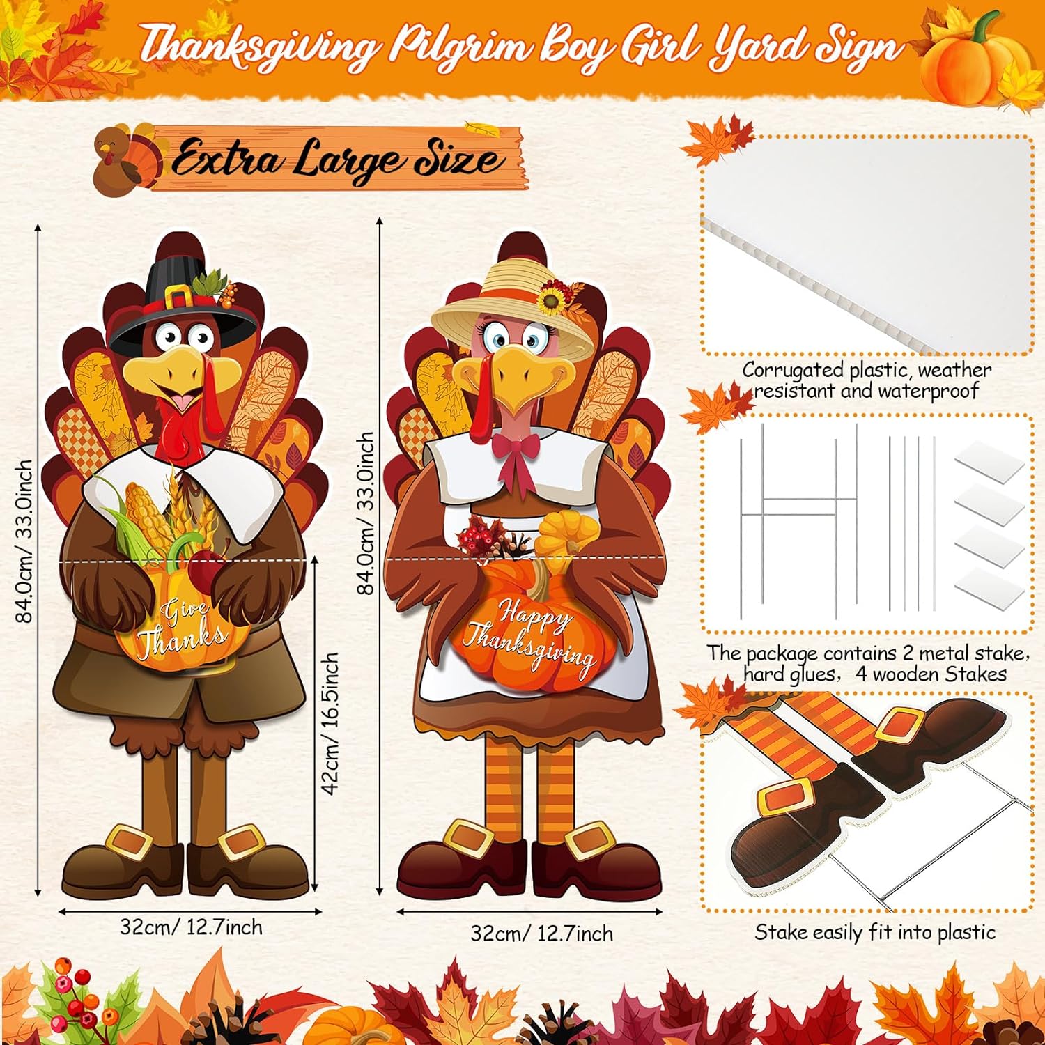 Capoda Large Thanksgiving Turkey Yard Sign, Turkey Pumpkin Yard Sign Stake Happy Thanksgiving Lawn Sign with H Stand for Autumn Thanksgiving Harvest Party Outdoor Supplies Decoration, 29.3 x 12.6 Inch