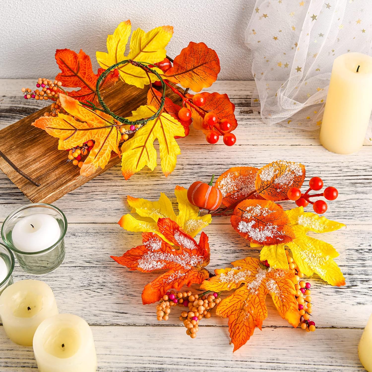 Fall Candle Rings Wreaths Artificial Pumpkin Maple Leaf Candle Garland with Berries Autumn Candle Rings for Pillars Thanksgiving and Halloween Table Wedding Parties Fall Decor Centerpieces (6 Pcs)