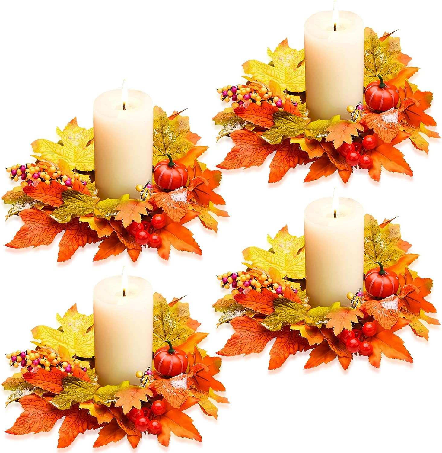 Fall Candle Rings Wreaths Artificial Pumpkin Maple Leaf Candle Garland with Berries Autumn Candle Rings for Pillars Thanksgiving and Halloween Table Wedding Parties Fall Decor Centerpieces (6 Pcs)