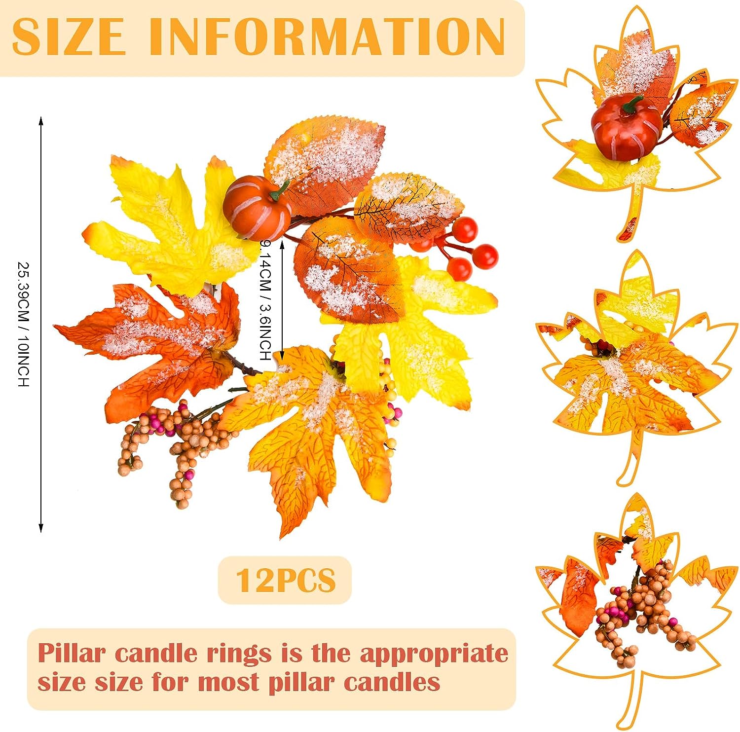 Fall Candle Rings Wreaths Artificial Pumpkin Maple Leaf Candle Garland with Berries Autumn Candle Rings for Pillars Thanksgiving and Halloween Table Wedding Parties Fall Decor Centerpieces (6 Pcs)