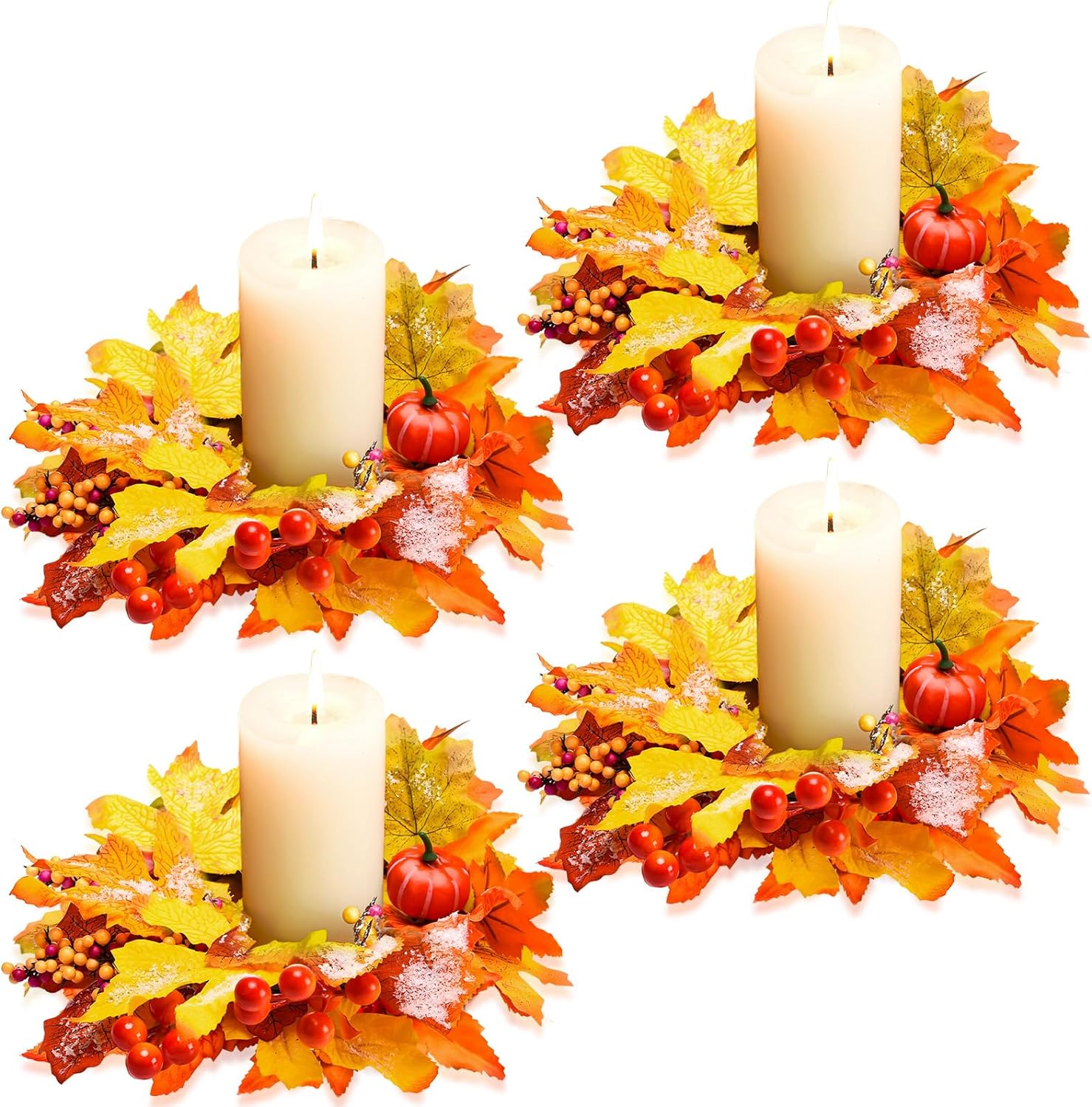 Fall Candle Rings Wreaths Artificial Pumpkin Maple Leaf Candle Garland with Berries Autumn Candle Rings for Pillars Thanksgiving and Halloween Table Wedding Parties Fall Decor Centerpieces (6 Pcs)