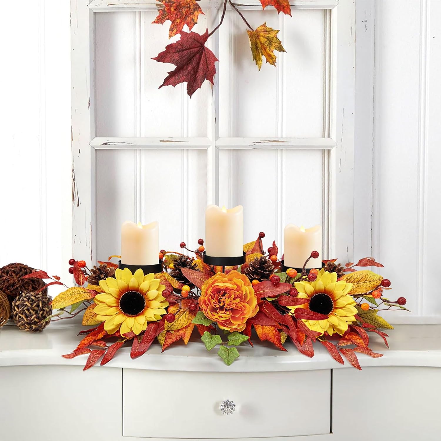 Fall Centerpiece Table Decorations, 27.5 L Assorted Artificial Sunflowers, Berries, Autumn Leaves and Pine Cones, Harvest Table Candle Holder for Dinning Table, Fireplace Mantel (Candle Not Include)