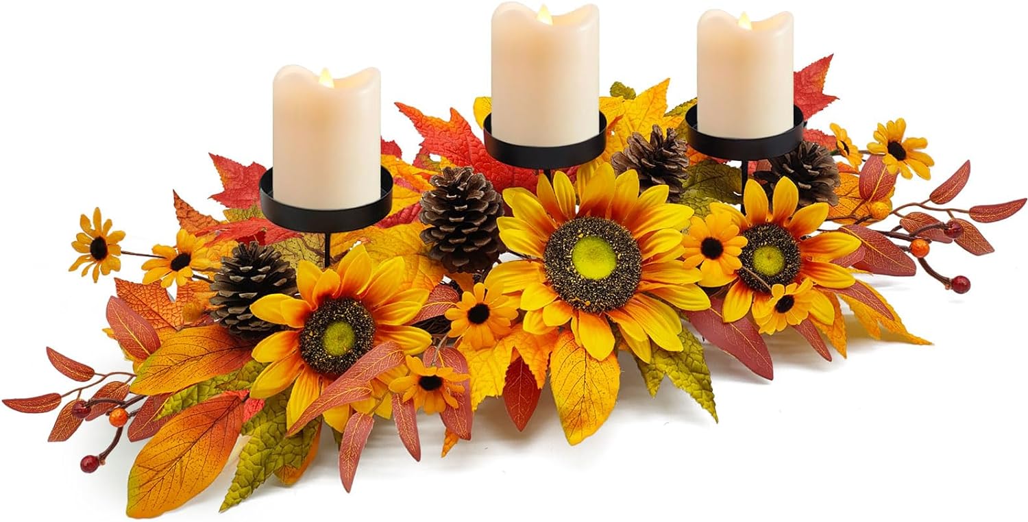 Fall Centerpiece Table Decorations, 27.5 L Assorted Artificial Sunflowers, Berries, Autumn Leaves and Pine Cones, Harvest Table Candle Holder for Dinning Table, Fireplace Mantel (Candle Not Include)