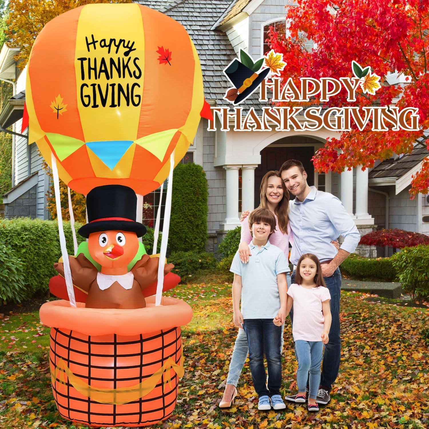 JETEHO 7 Ft Happy Thanksgiving Inflatable Turkey Riding in a Hot Air Balloons, Giant Thanksgiving Blow up Yard Decorations, Lighted Outdoor Thanksgiving Decor for Lawn, Front Yard