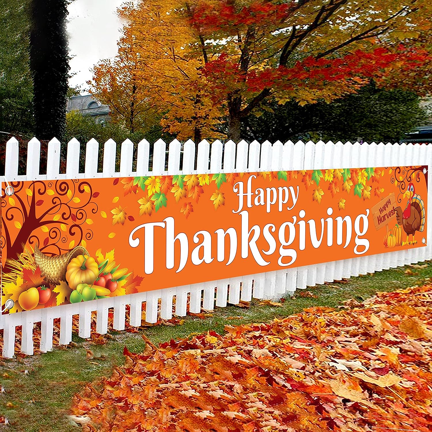 KatchOn, Large Happy Thanksgiving Banner Outdoor - 120x20 Inch | Thanksgiving Fence Banner for Thanksgiving Yard Decorations | Thanksgiving Banners for Outside for Thanksgiving Banner Decorations