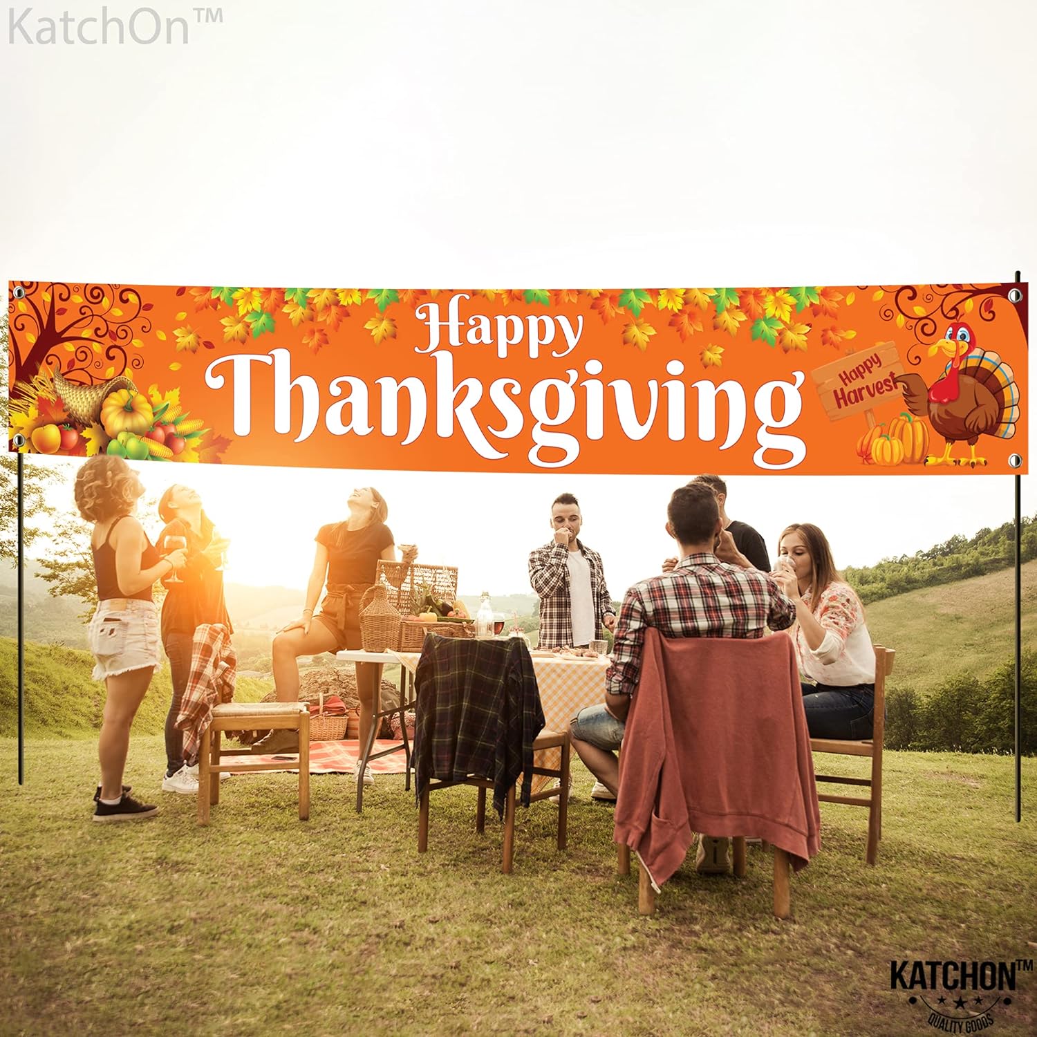 KatchOn, Large Happy Thanksgiving Banner Outdoor - 120x20 Inch | Thanksgiving Fence Banner for Thanksgiving Yard Decorations | Thanksgiving Banners for Outside for Thanksgiving Banner Decorations