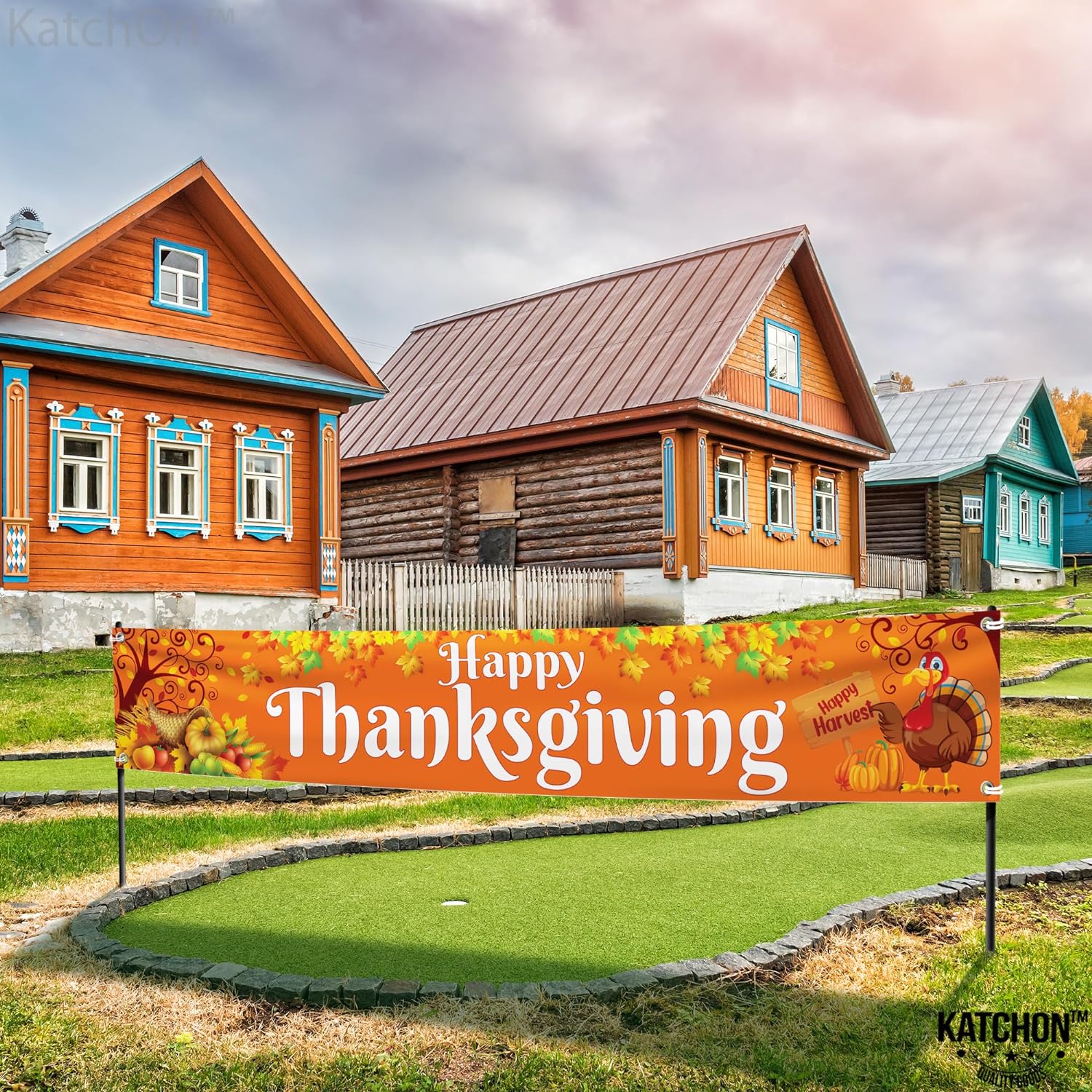 KatchOn, Large Happy Thanksgiving Banner Outdoor - 120x20 Inch | Thanksgiving Fence Banner for Thanksgiving Yard Decorations | Thanksgiving Banners for Outside for Thanksgiving Banner Decorations