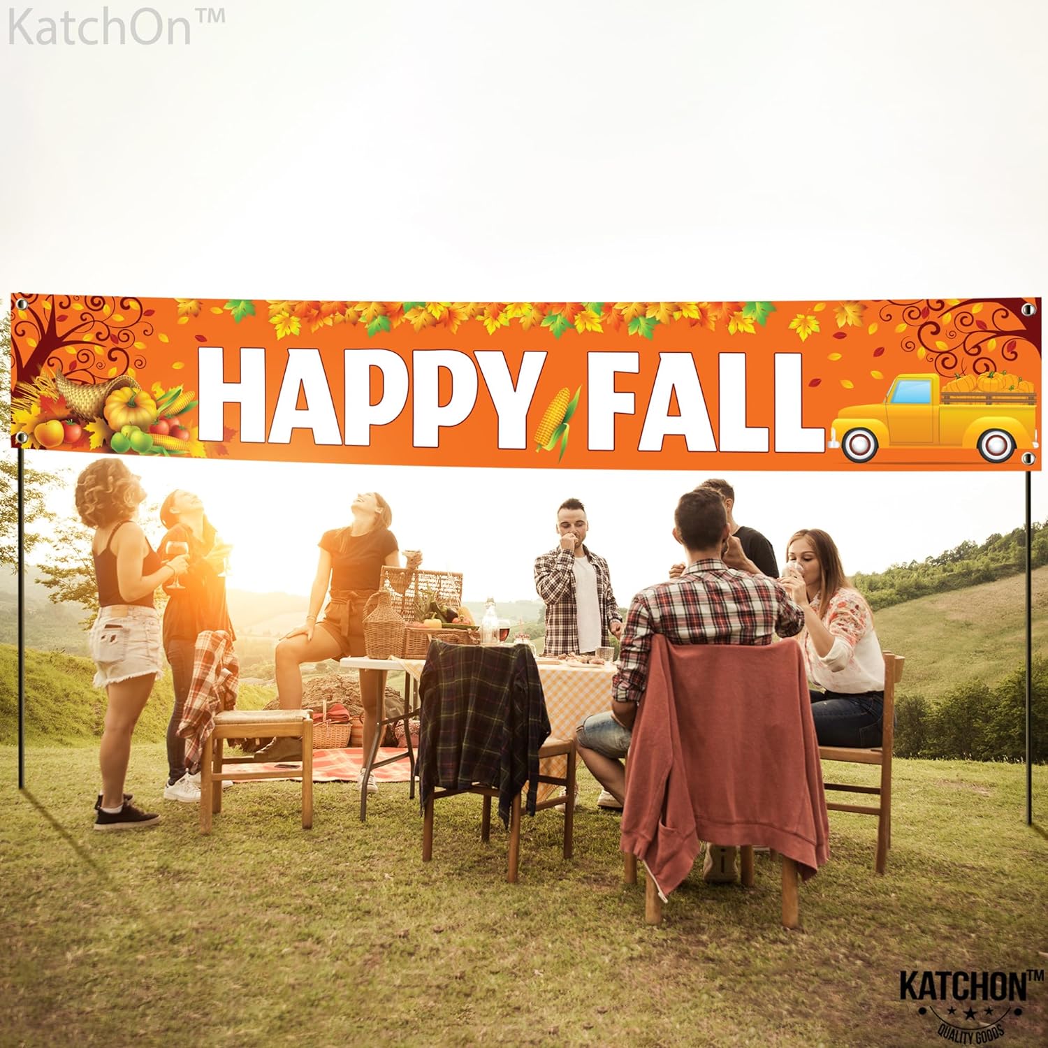 KatchOn, Large Happy Thanksgiving Banner Outdoor - 120x20 Inch | Thanksgiving Fence Banner for Thanksgiving Yard Decorations | Thanksgiving Banners for Outside for Thanksgiving Banner Decorations