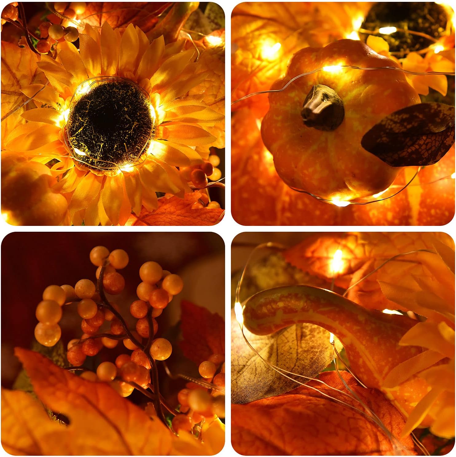 Lvydec Large Pumpkin Fall Table Decoration, Artificial Pumpkin with Maple Leaves Sunflower Berries and LED Lights for Fall Table Centerpieces Thanksgiving Decor