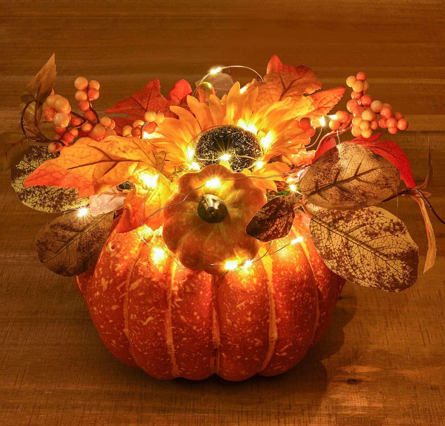 Lvydec Large Pumpkin Fall Table Decoration, Artificial Pumpkin with Maple Leaves Sunflower Berries and LED Lights for Fall Table Centerpieces Thanksgiving Decor