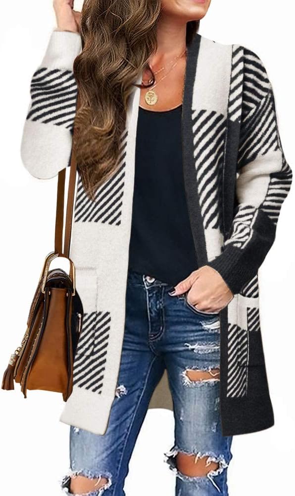 MEROKEETY Womens Plaid Long Sleeve Open Front Cardigan Pockets Knit Sweater Coat