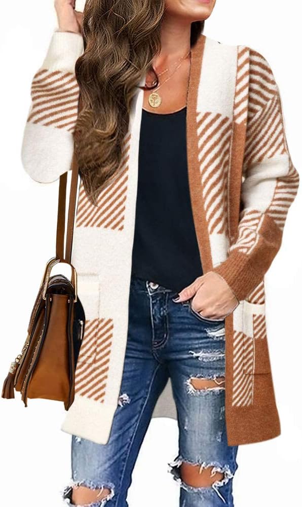 MEROKEETY Womens Plaid Long Sleeve Open Front Cardigan Pockets Knit Sweater Coat