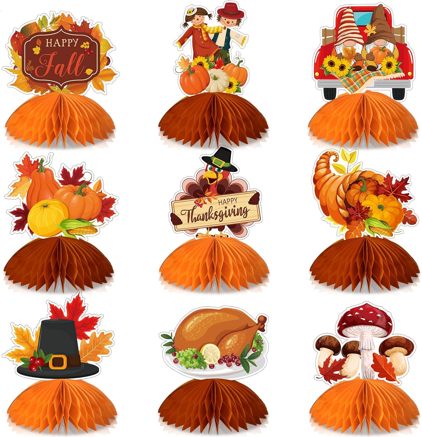 Pajean 9 Pieces Thanksgiving Turkey Honeycomb Centerpieces Thanksgiving Table Decorations Paper Turkey Pumpkin Fall Leaves Table Centerpiece for Thanksgiving Autumn Theme Fall Decor Party Supplies