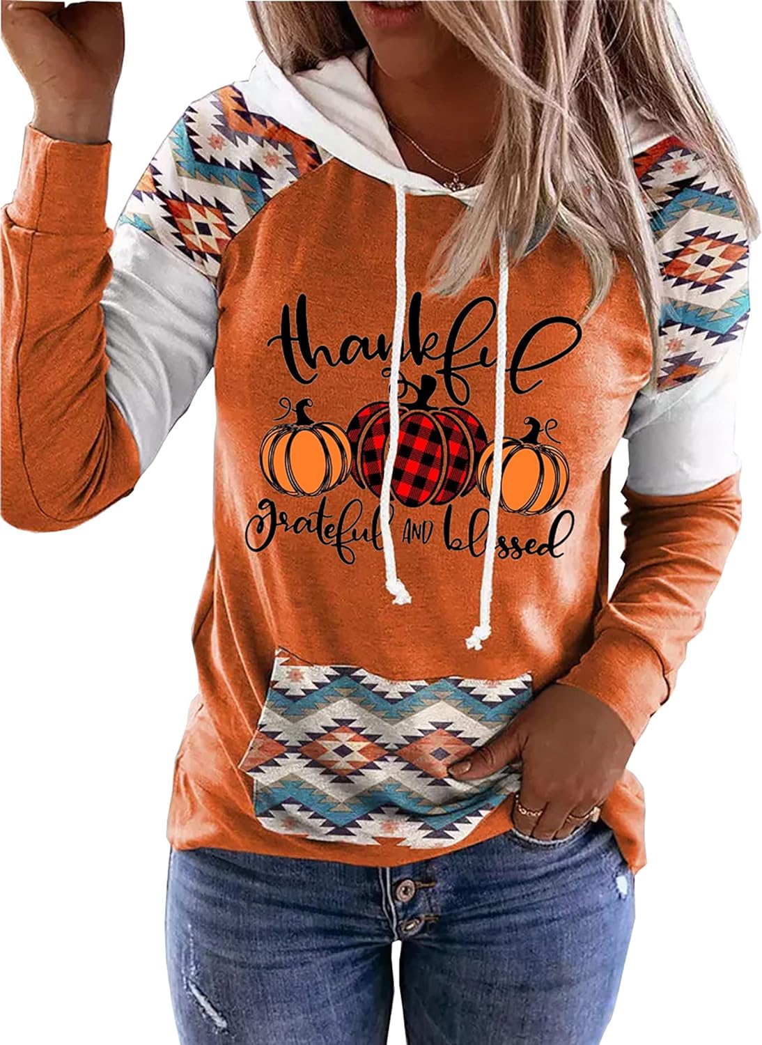 Thankful Grateful Blessed Thanksgiving Sweatshirt for Women Plaid Pumpkin Hoodie Graphic Shirt Fall Long Sleeve Tops