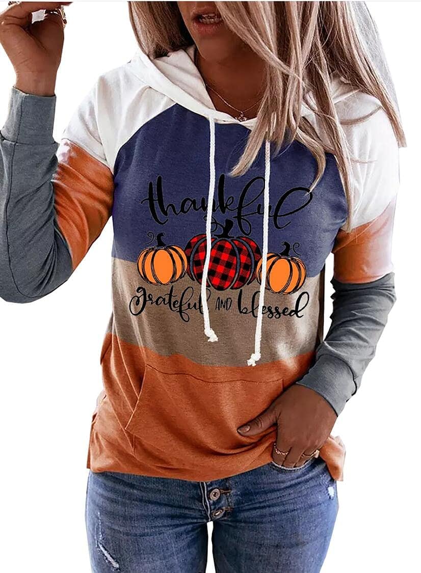 GDPRYS Thanksgiving Sweatshirt - Thankful Grateful Blessed Fall Pullover With Pumpkin Design