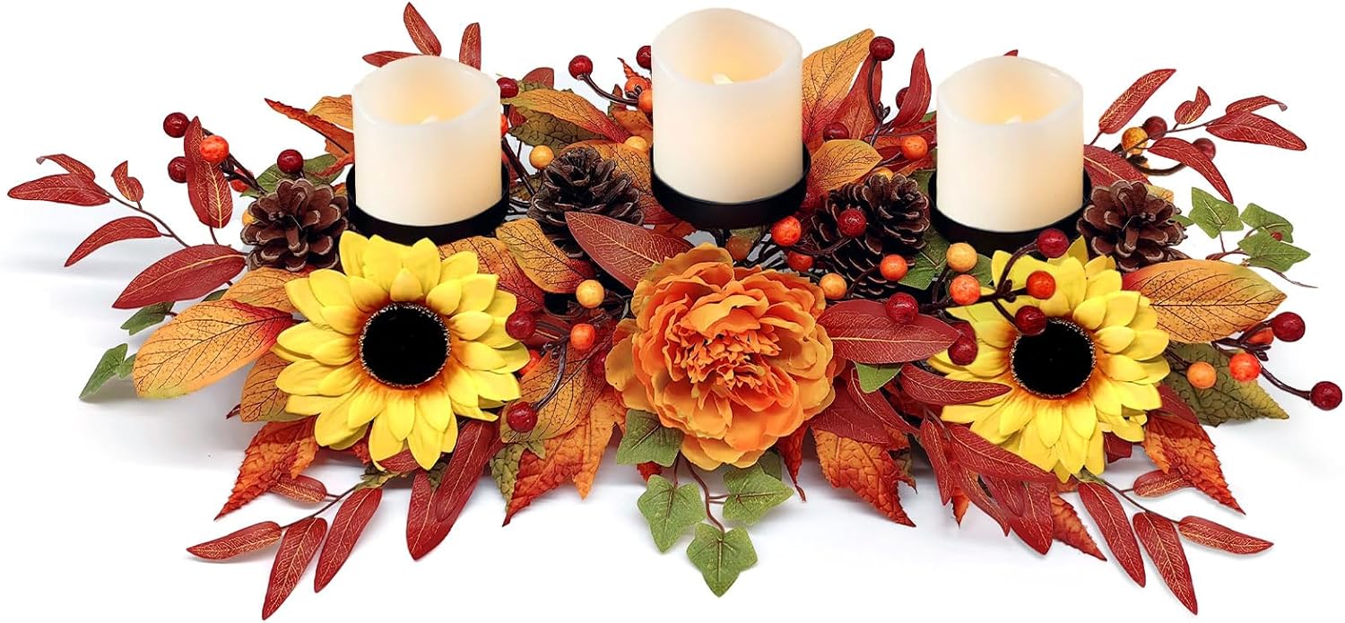 Thanksgiving Centerpiece Fall Table Decorations, Artificial Sunflowers, Peony, Berries, Pine Cones and Autumn Leaves Harvest Table Candelabrum for Fireplace Mantel (Candle Not Included)