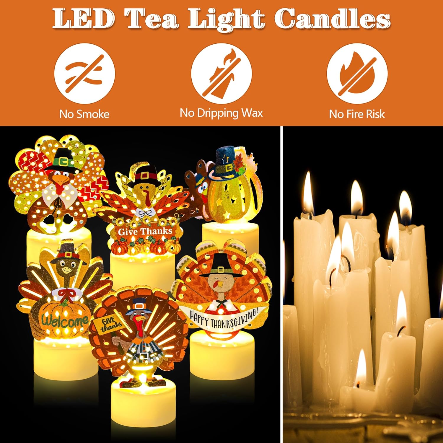 Thanksgiving Table Decorations 6 Pack Flameless Turkey Tea Lights Candles Battery Operated, Thanksgiving Decorations Lights LED Candles for Home Party Gifts, Thanksgiving Centerpieces for Tables Decor