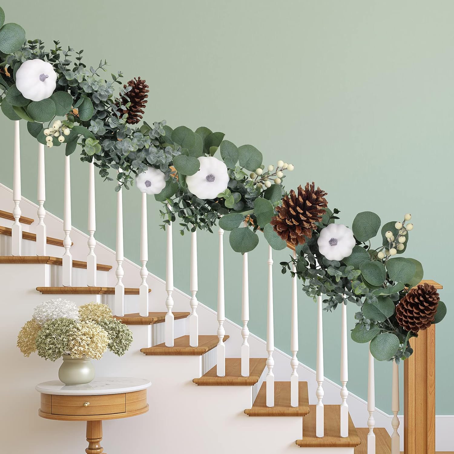 Winlyn Fall White Pumpkin Garland Artificial Eucalyptus Garland with Pumpkins Pinecones Berries Fall Garland 5.9 L Farmhouse Wedding Arch Backdrop Thanksgiving Mantel Table Runner Centerpiece Decor : Home  Kitchen