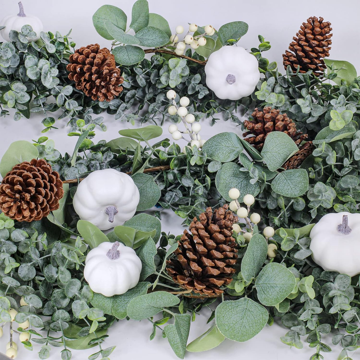 Winlyn Fall White Pumpkin Garland Artificial Eucalyptus Garland with Pumpkins Pinecones Berries Fall Garland 5.9 L Farmhouse Wedding Arch Backdrop Thanksgiving Mantel Table Runner Centerpiece Decor : Home  Kitchen