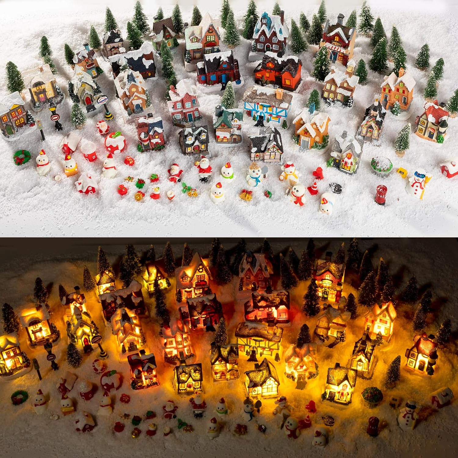 105 Pcs Vinsot Christmas Village Set Lighted LED Christmas Village Houses Mini Village Collectible Buildings with Xmas Figurine Tree Snowmen Gift Town Scene Village Displays Table Decor (Stylish)